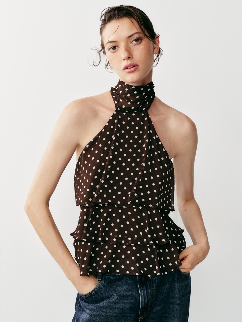 Zara Brown Polka Dot Halter Ruffle Camisole